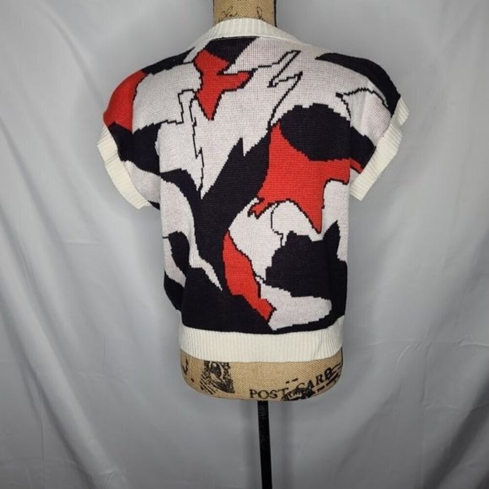 Vintage 70's Abstract Black White Red Sweater Short Sleeve Top - Picture 3 of 8